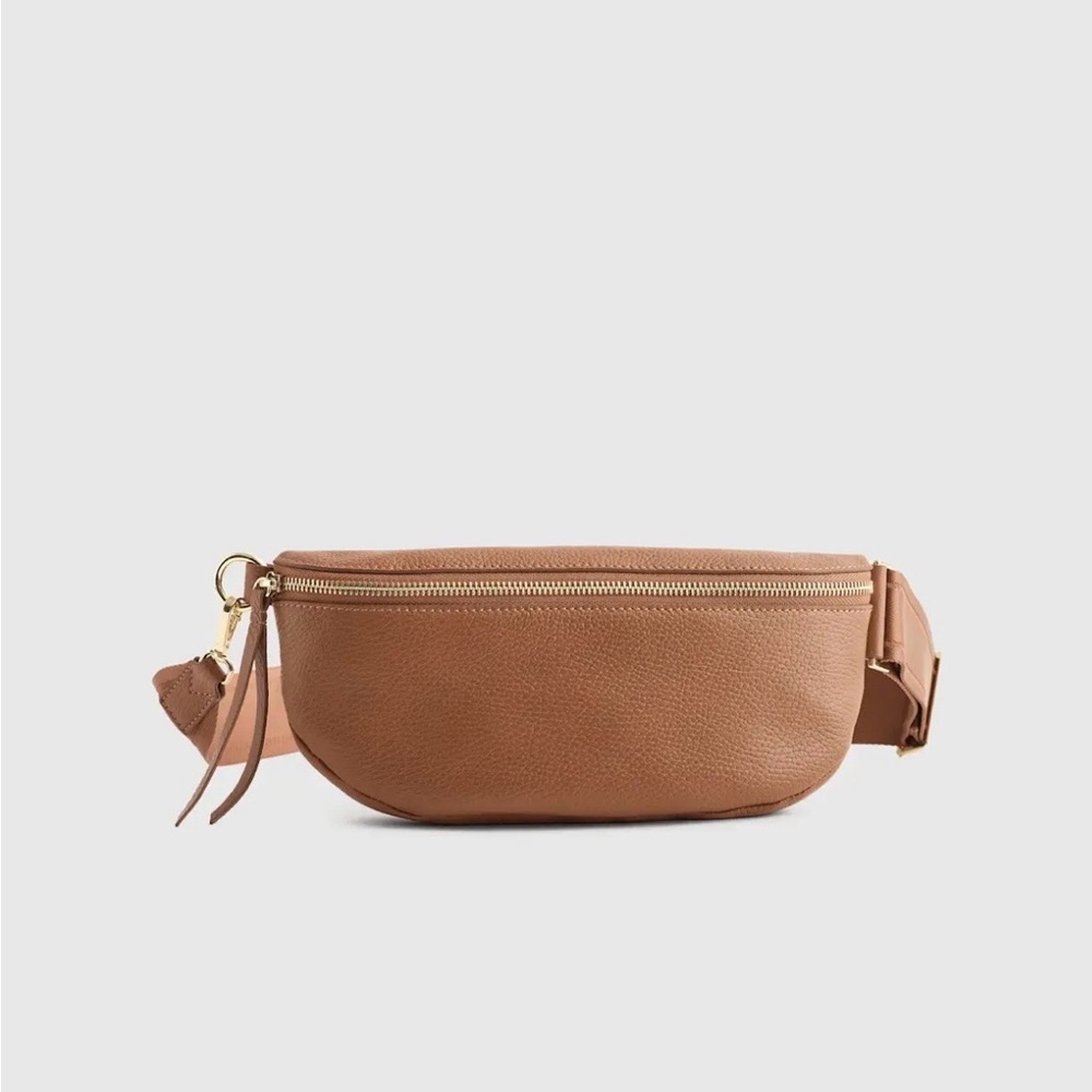Quince Tan Leather Crossbody Belt Bag with Gold Hardware
